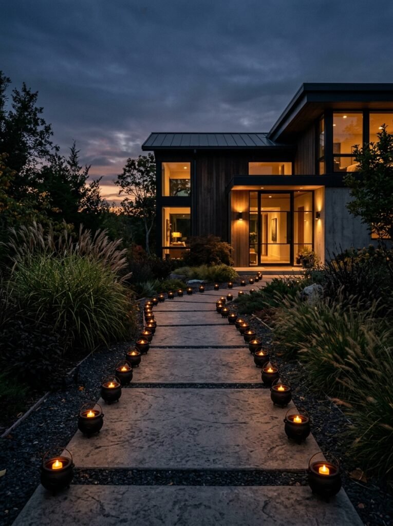 mini cauldron luminaries glowing along a walkway