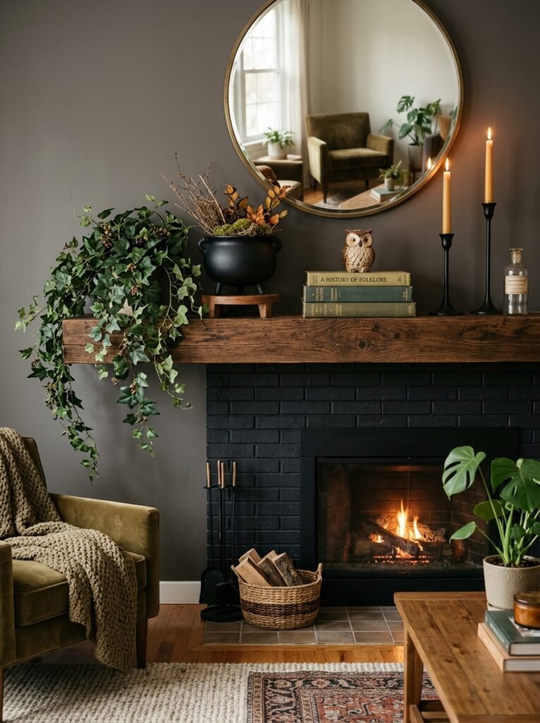 small cauldron styled on a mantel with candlesticks and old books