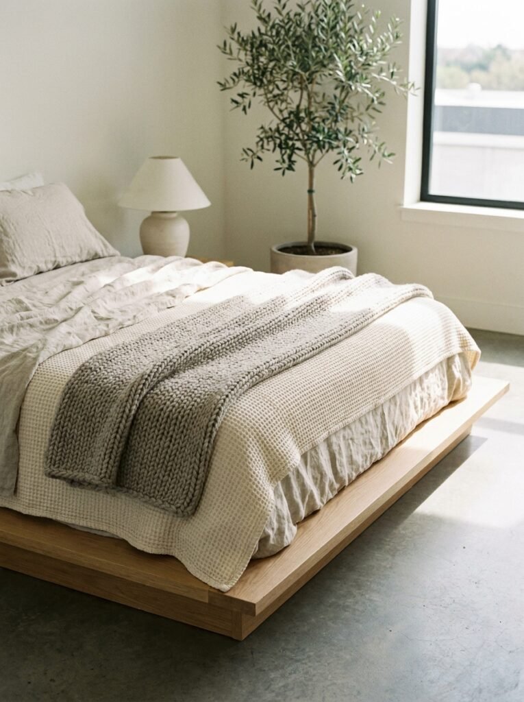 minimalist bed layered with neutral linen, wool and waffle textures