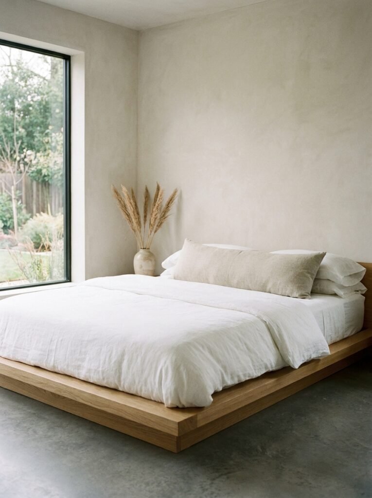 minimalist bed dressed in crisp white linen bedding