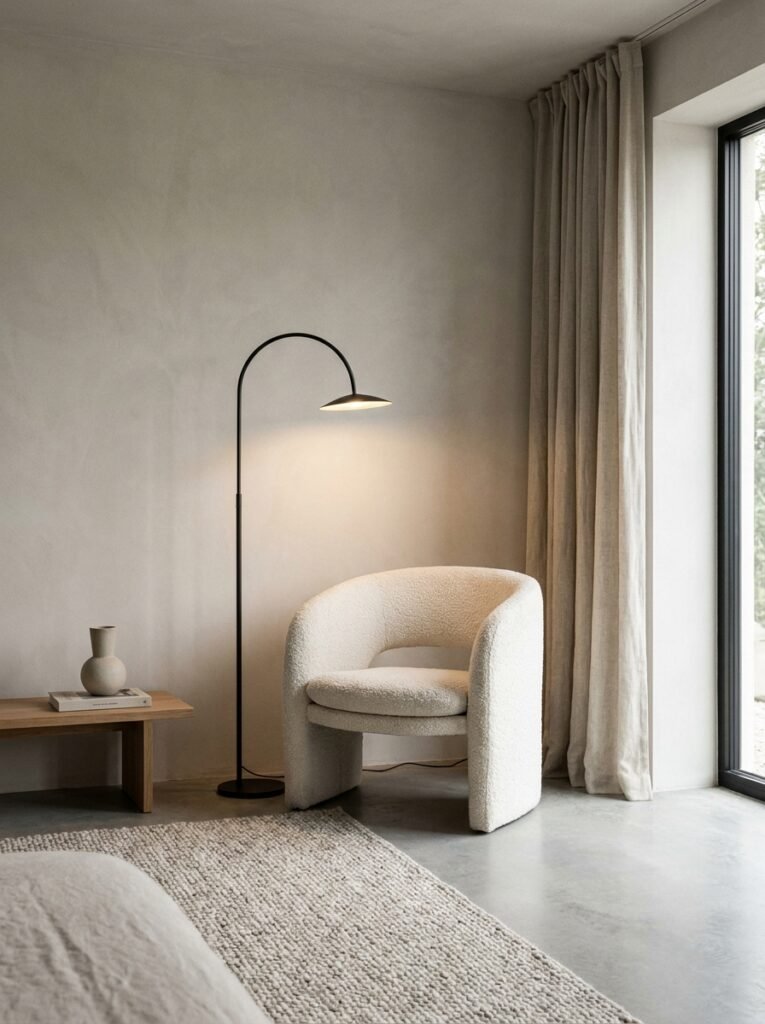 minimalist bedroom corner with a single boucle accent chair