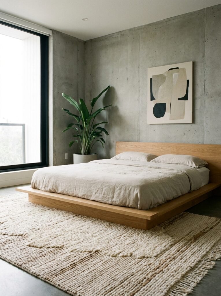 minimalist bedroom with a low wooden platform bed