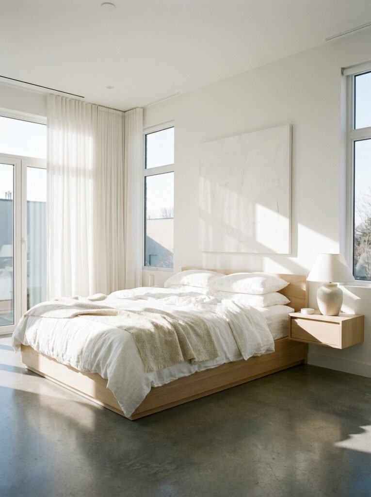 all-white minimalist bedroom with white linen bedding