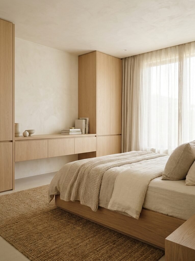 warm neutral minimalist bedroom in beige, cream and oak