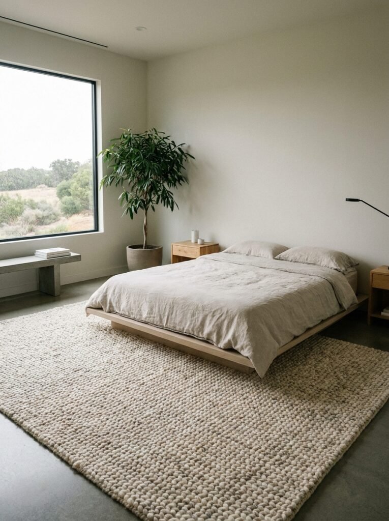 minimalist bedroom with a large textured wool rug under the bed
