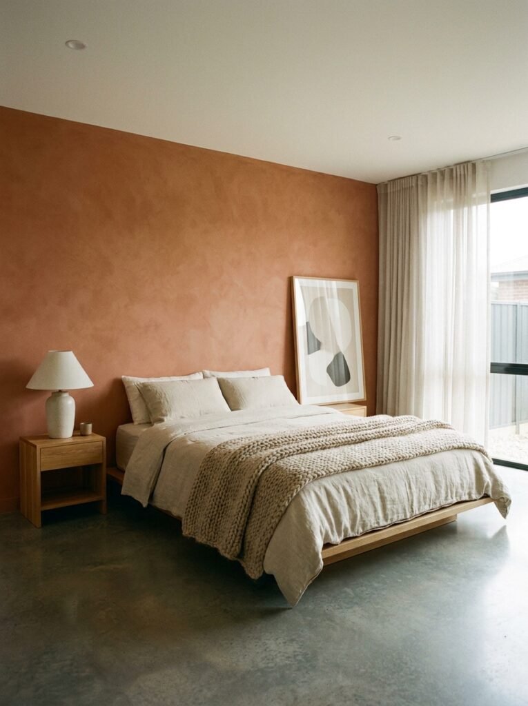 minimalist bedroom with a soft limewash accent wall behind the bed