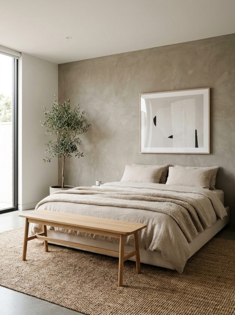 simple wooden bench at the foot of a minimalist bed