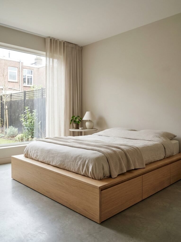 minimalist storage bed with hidden drawers in the base