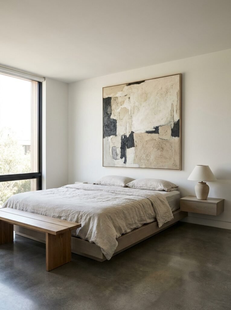 one large abstract art piece above the bed in a minimalist bedroom
