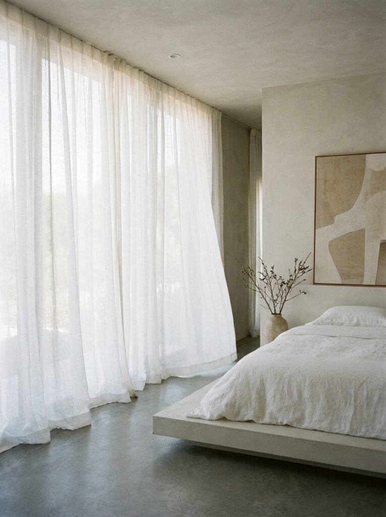 minimalist bedroom with sheer white linen curtains hung high