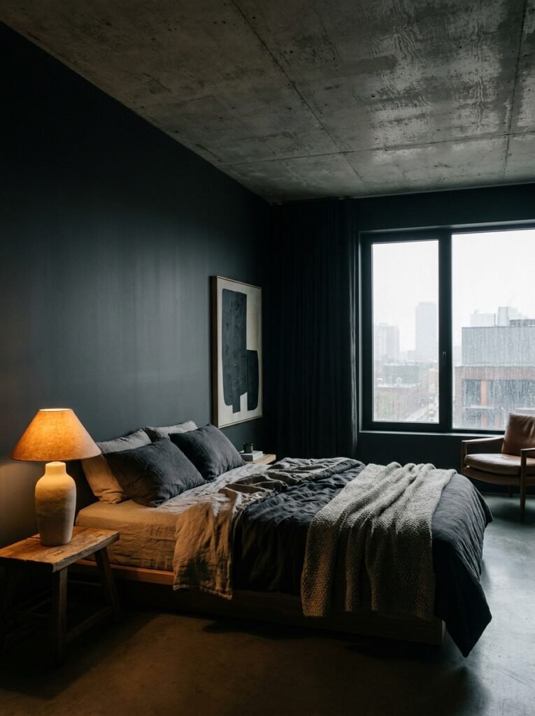 moody minimalist bedroom with charcoal walls and warm lighting