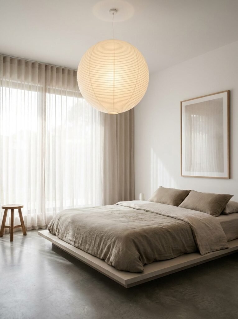 minimalist bedroom with a large paper lantern pendant light
