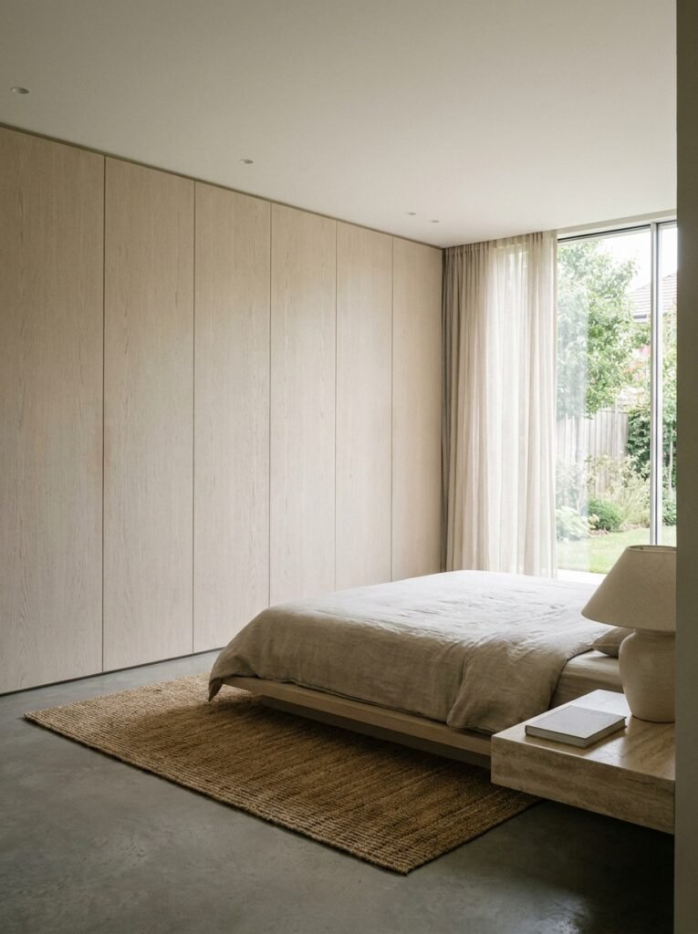 minimalist bedroom with a built-in wardrobe with flat handleless doors