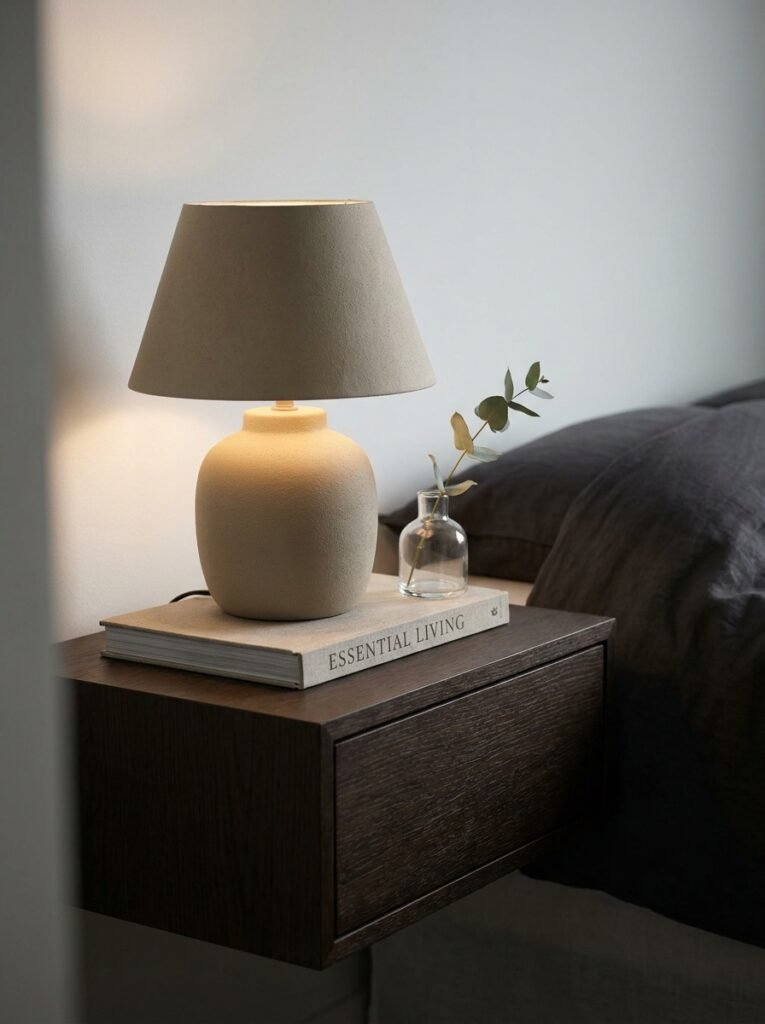 minimalist nightstand styled with a lamp, a book and a small vase