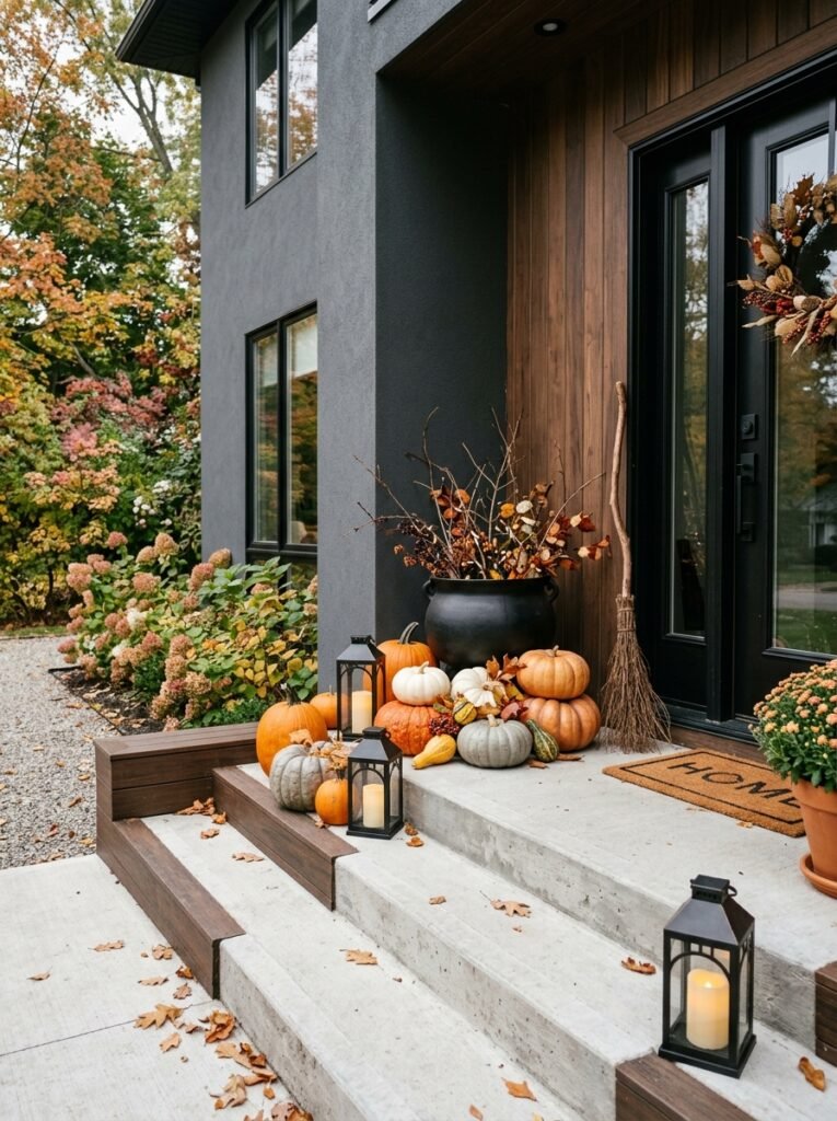 Halloween porch steps with a cauldron, pumpkins, broom and lanterns