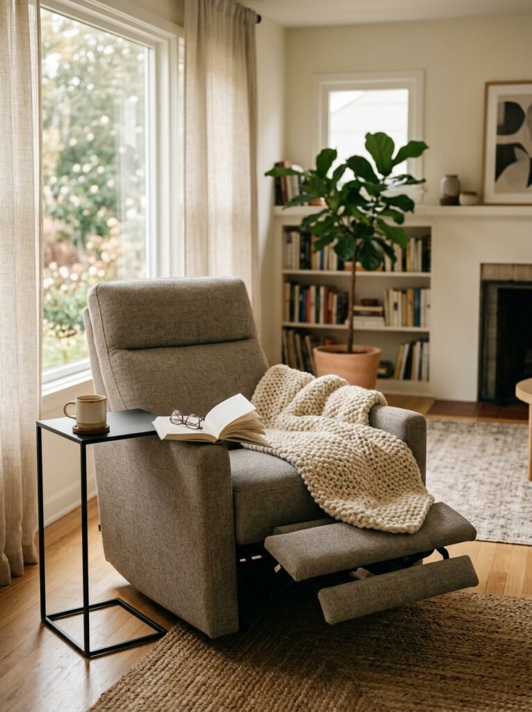 modern recliner with the footrest up and an open book on the arm