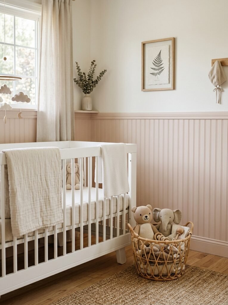 nursery with blush pink beadboard wainscoting and a white crib