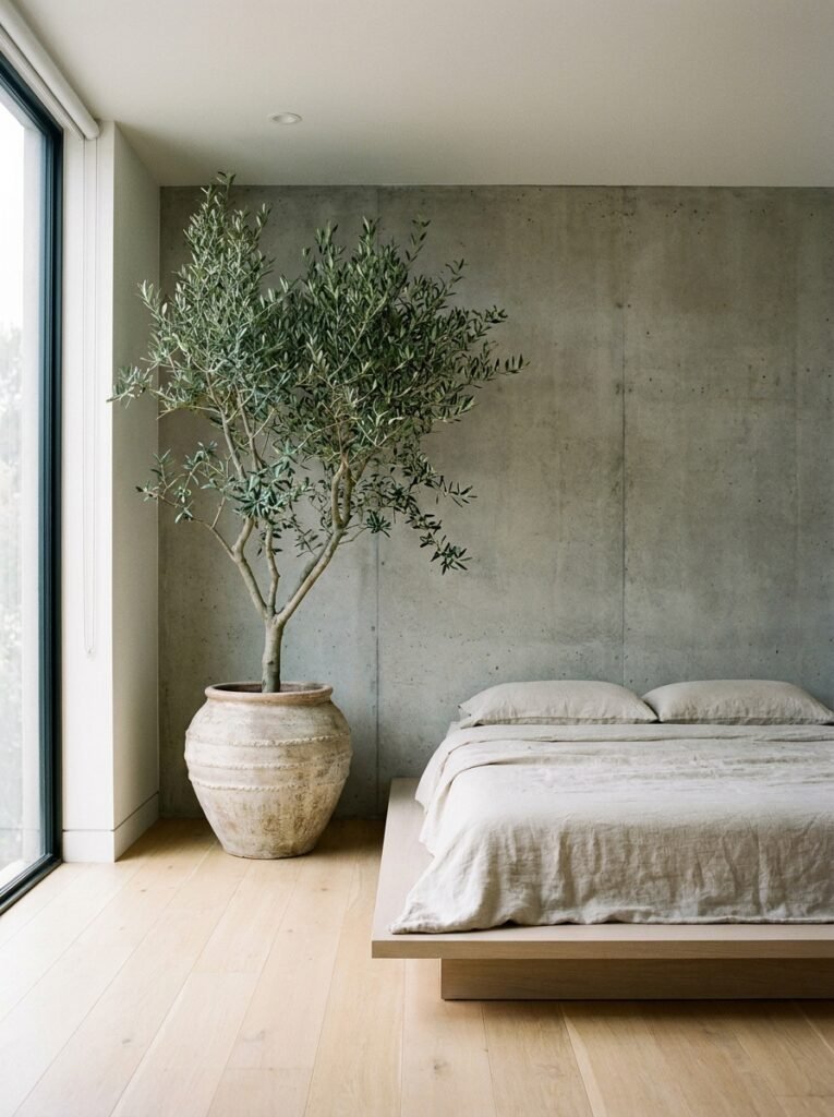 minimalist bedroom with one tall plant in a ceramic pot