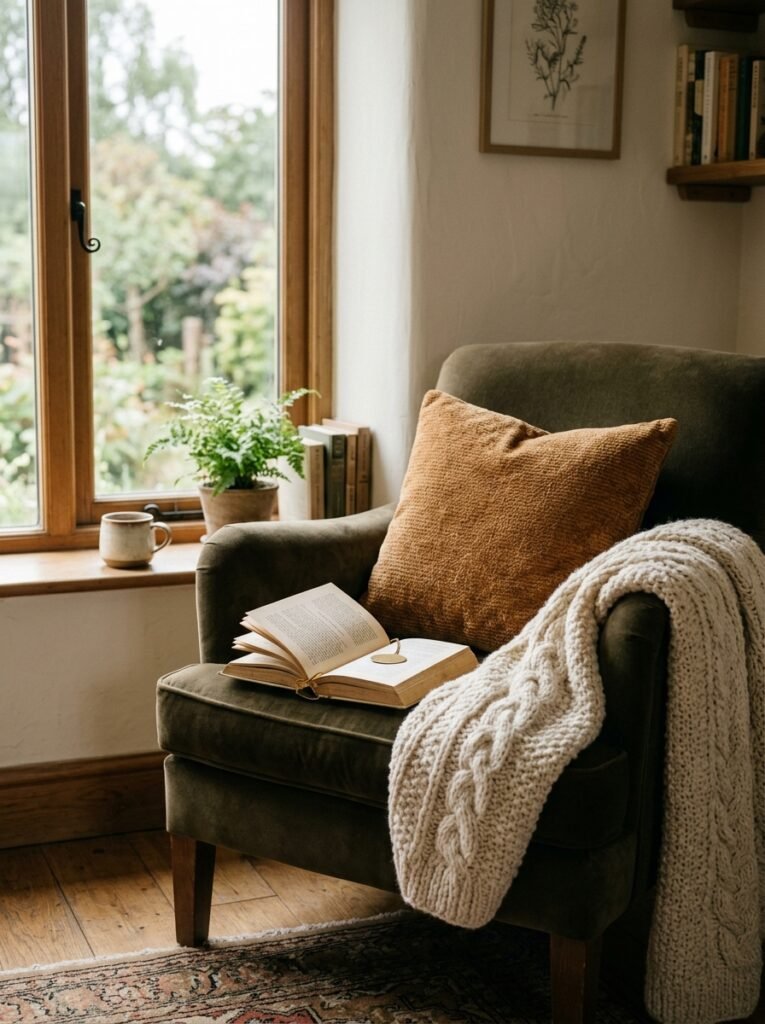 reading armchair with a chunky knit throw and caramel pillow