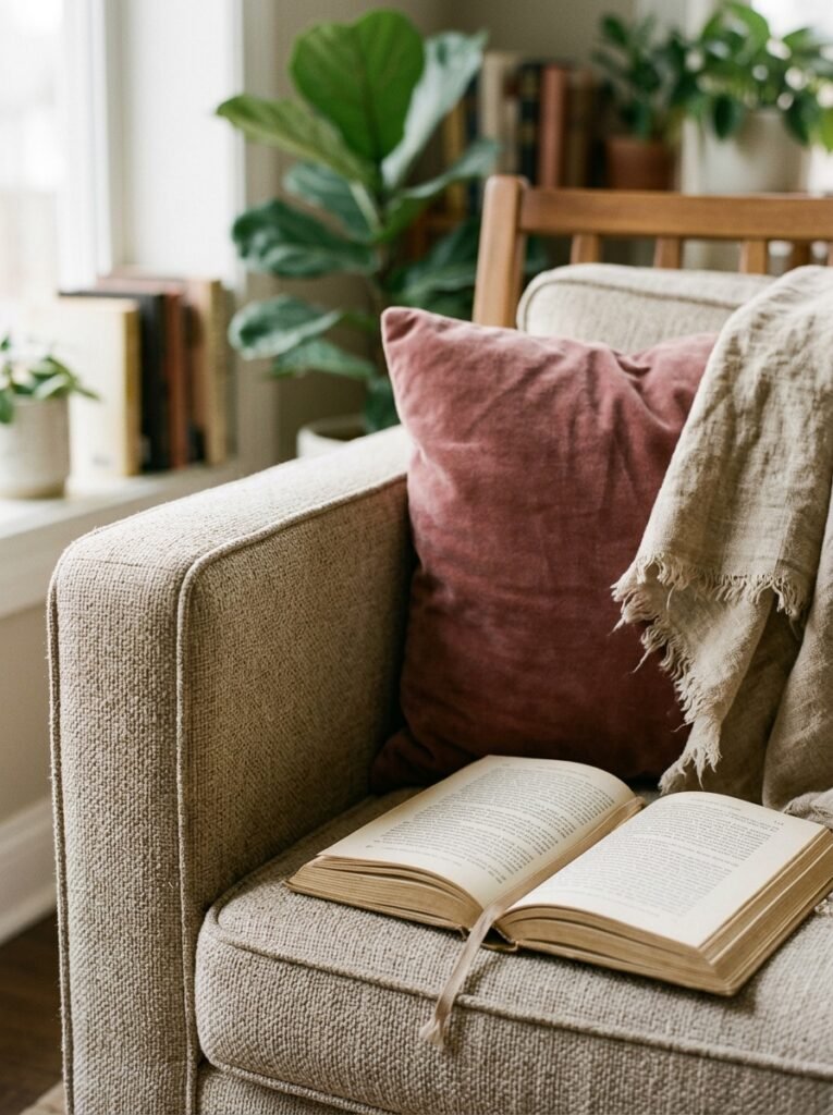 reading chair in durable oatmeal fabric with velvet and linen layers
