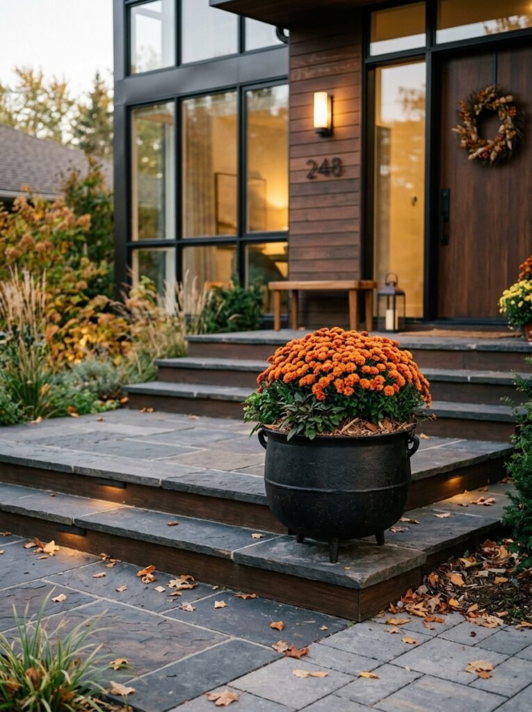 black cauldron planter filled with orange fall mums