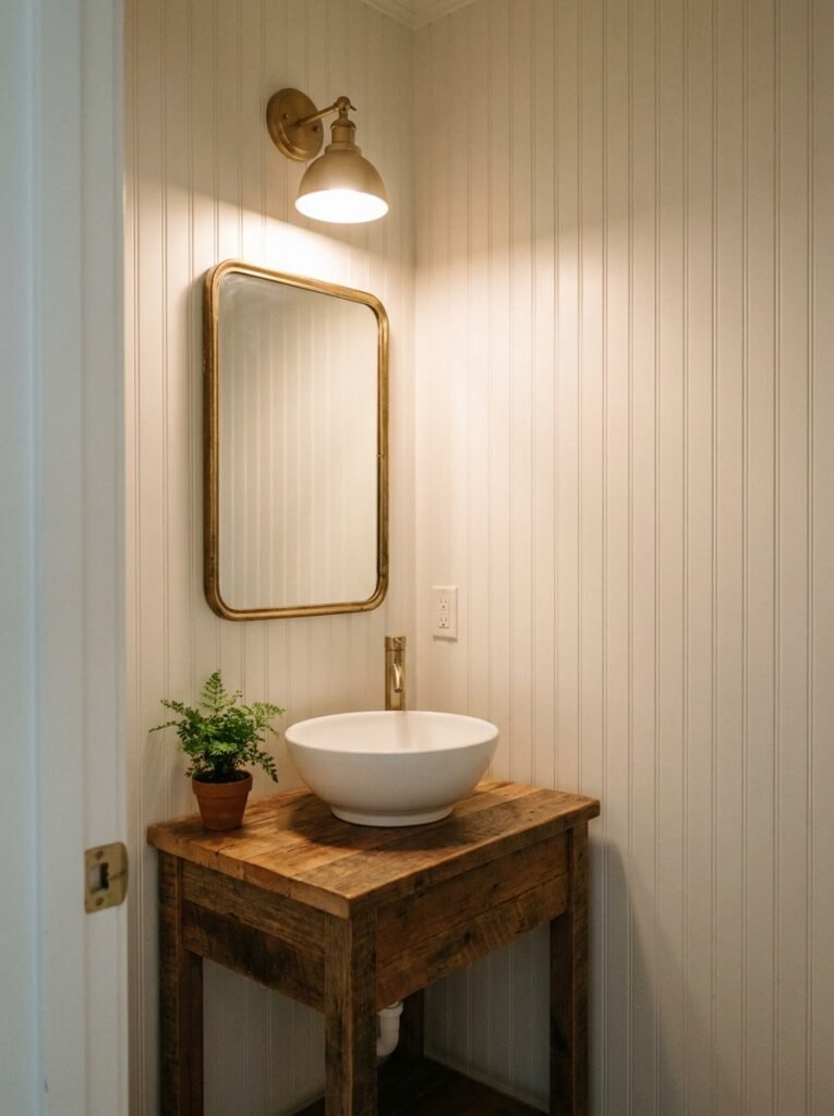 powder room with floor to ceiling white beadboard walls