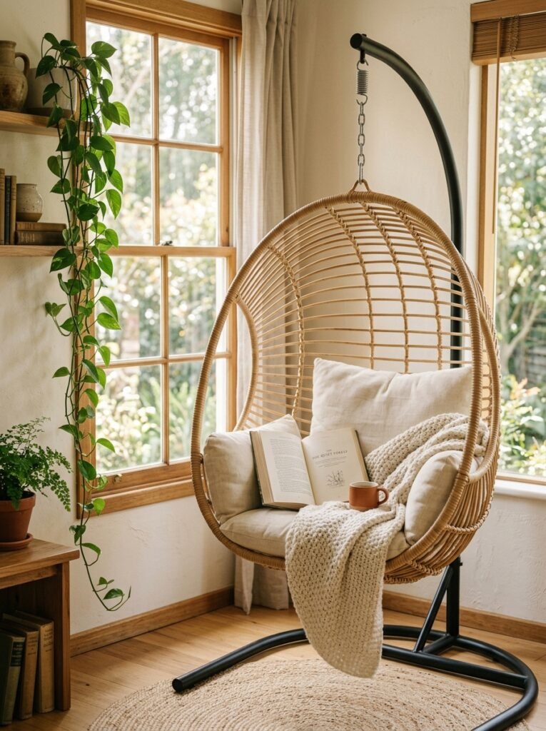rattan hanging egg chair on a stand filled with cushions