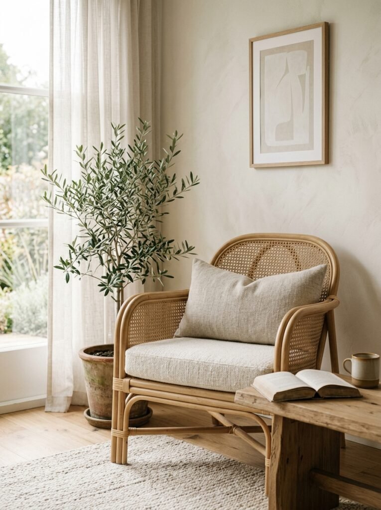 rattan and cane reading chair with a cream cushion and lumbar pillow
