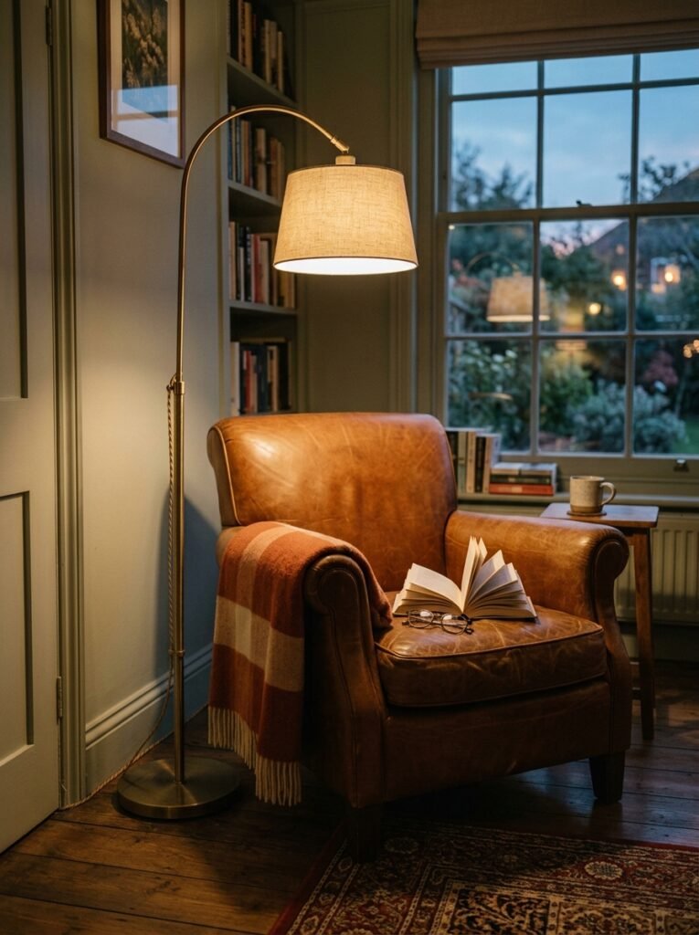 brass arc floor lamp lighting a cozy reading chair at dusk