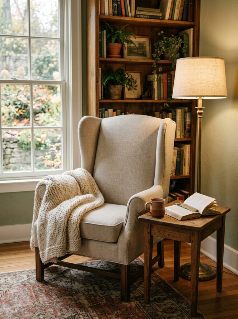 oatmeal linen wingback reading chair with a knit throw and floor lamp