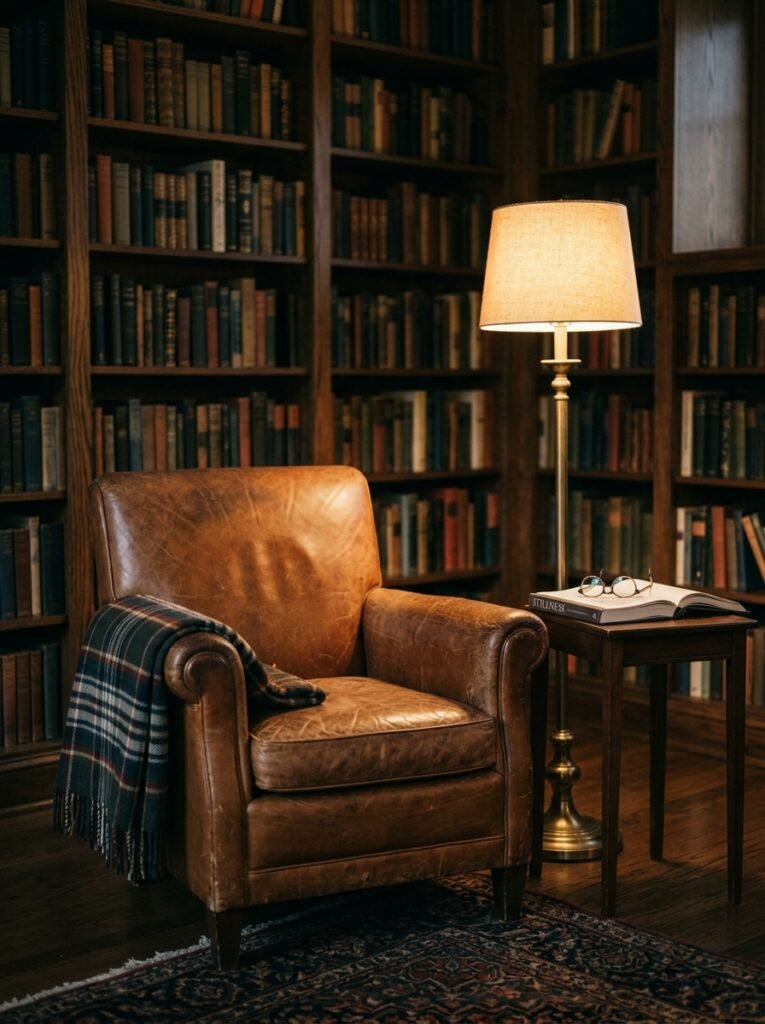 cognac leather club chair in a library-style reading corner