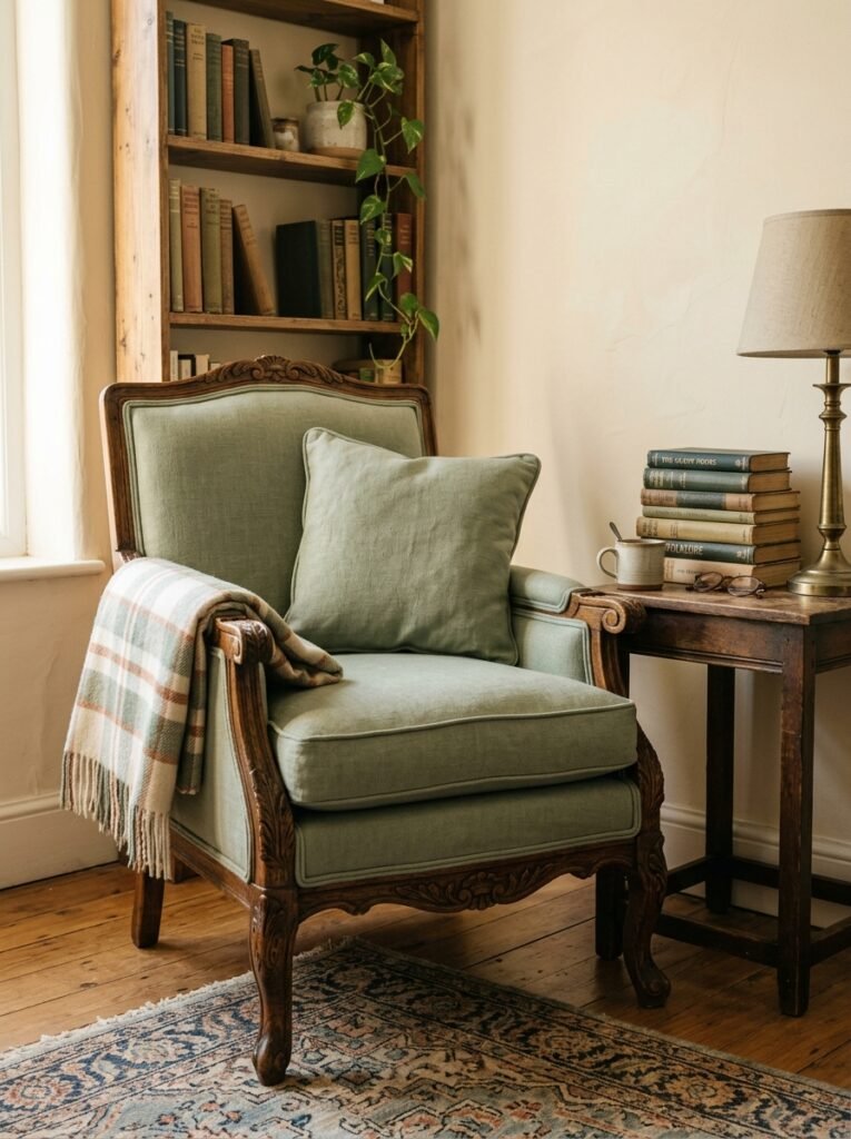 vintage wooden armchair reupholstered in sage linen