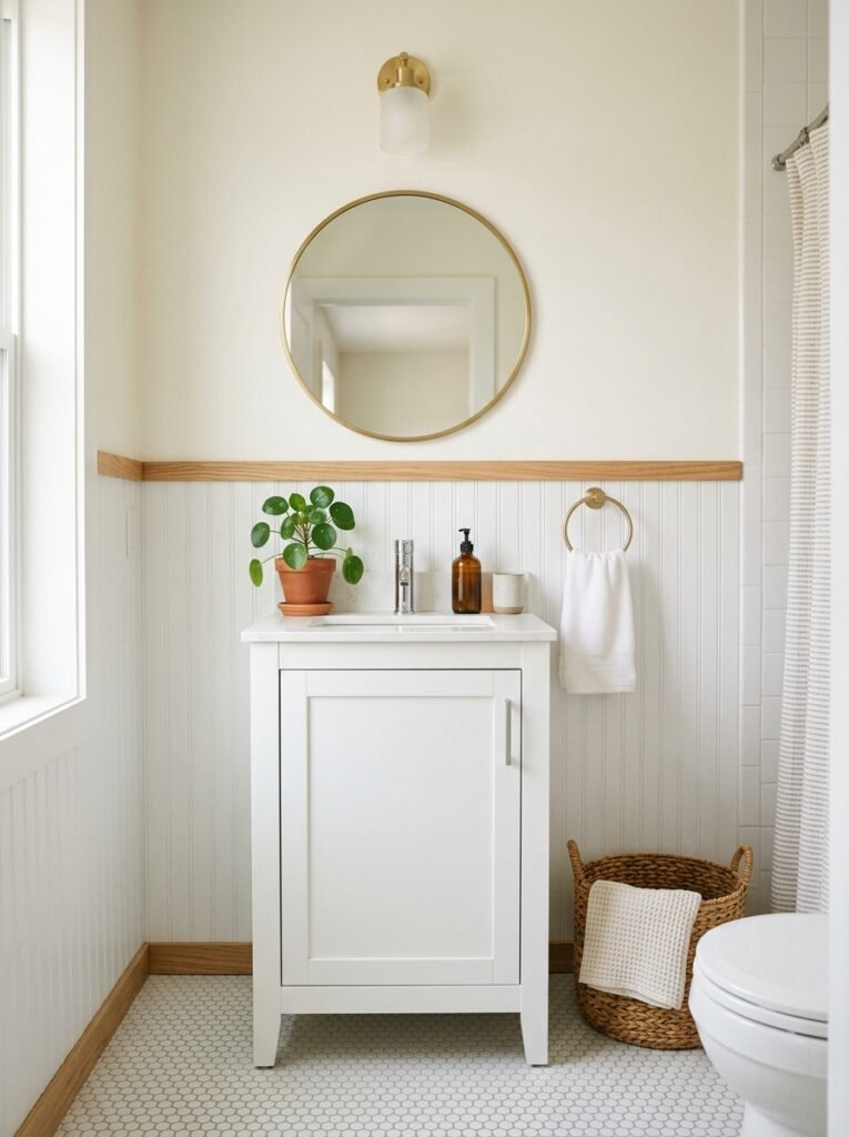 peel-and-stick beadboard wallpaper with wood trim in a small bathroom