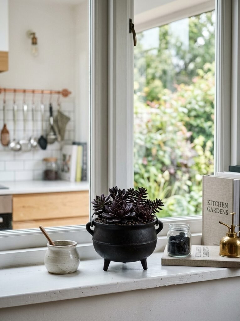 mini cauldron planted with dark succulents