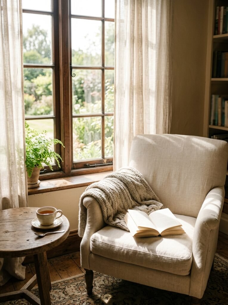 cozy reading chair by a window with sunlight on an open book