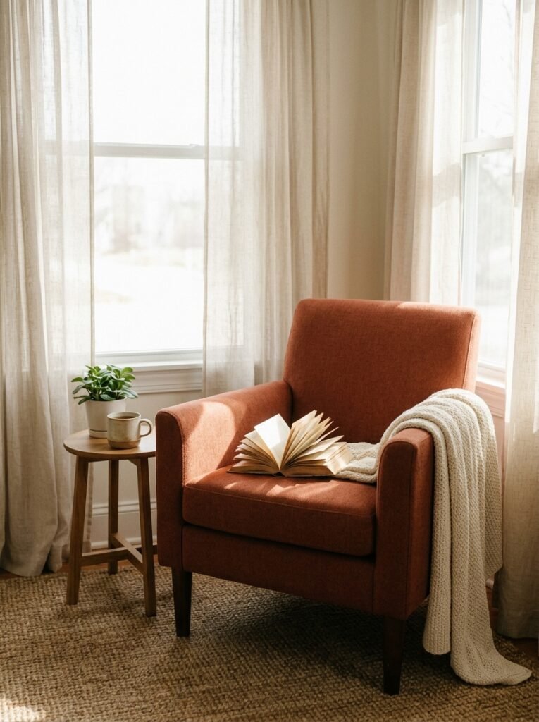 rust terracotta reading chair in a cream living room