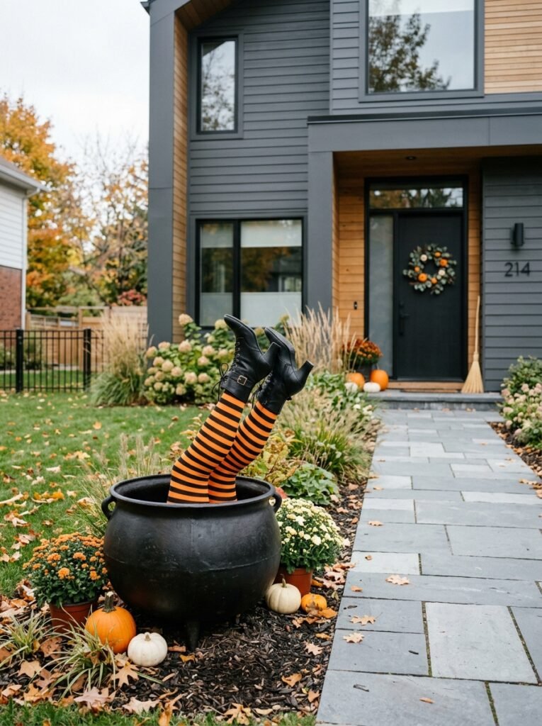funny cauldron with striped witch legs sticking out