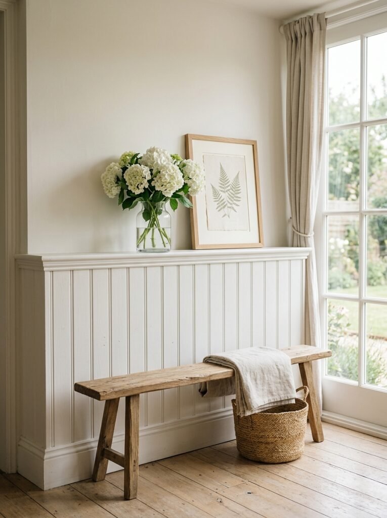 crisp white beadboard wainscoting with a styled ledge