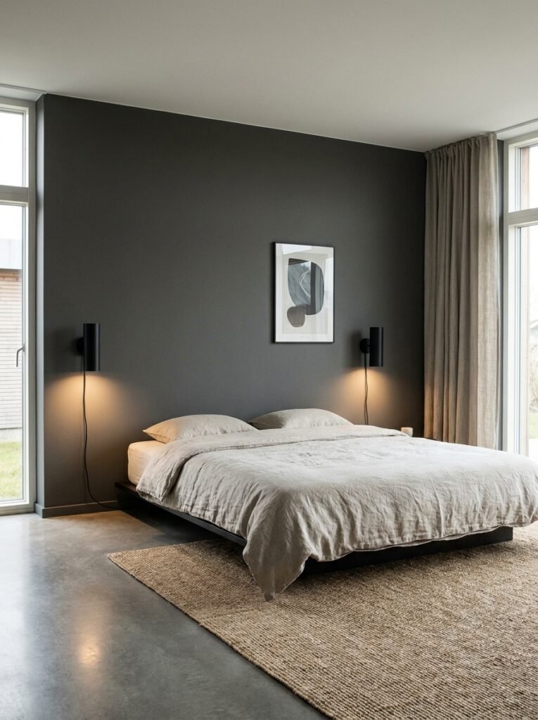 minimalist bedroom with wall sconces on both sides of the bed